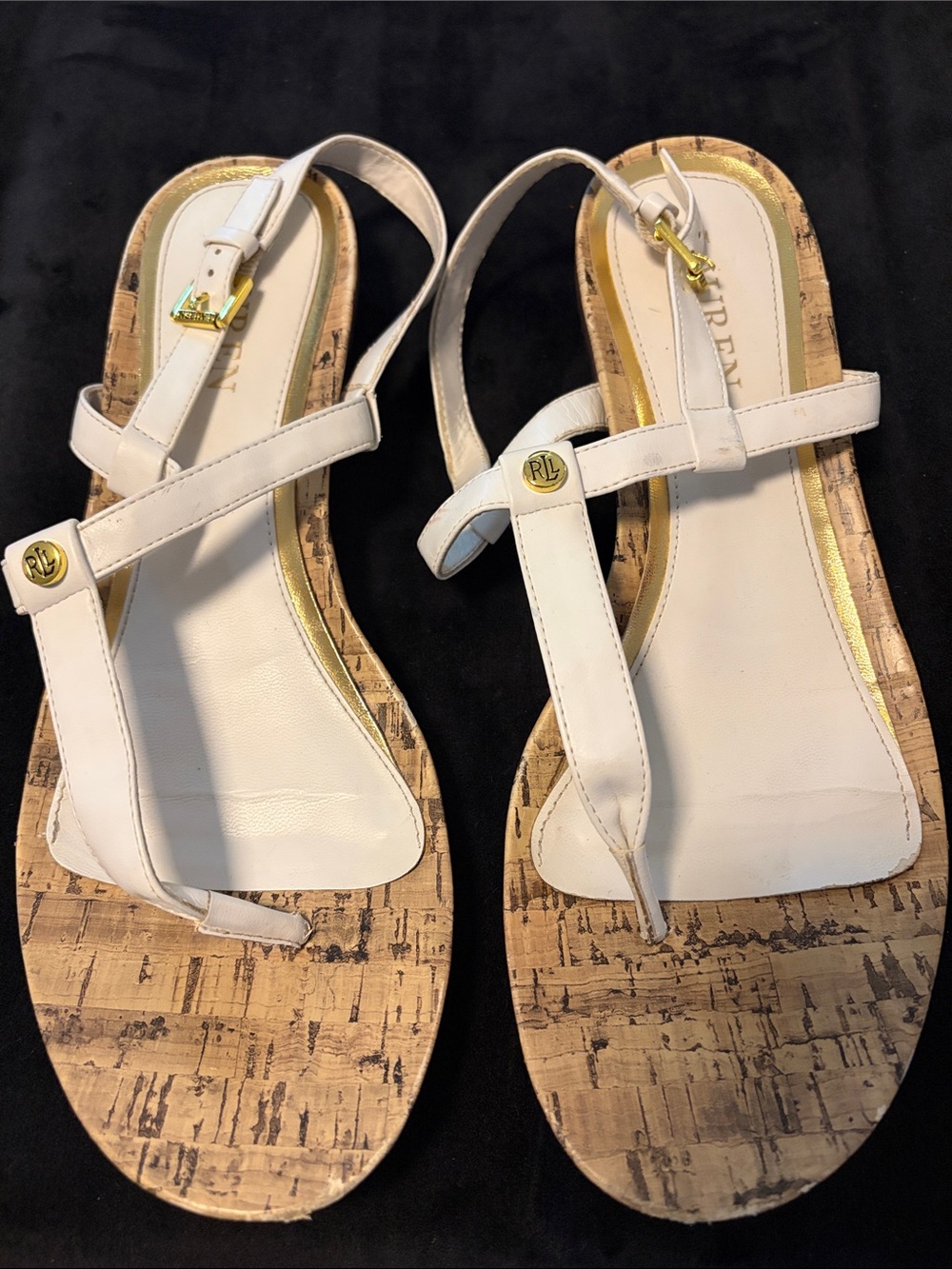 Ralph Lauren White Leather Cork-Trim T-Strap Sandals with Gold Accents